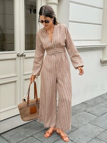 Serisse 女款 V 領藍白條紋休閒優雅日常長袖連身褲，適合秋季外出、早午餐與度假穿搭 - 棕色 - 查看 4