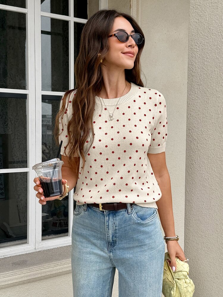 Serisse Women's Polka Dot Short Sleeve Knit Top - Red - View 5