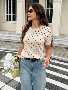 Serisse Atasan Rajut Lengan Pendek Motif Polkadot Wanita - Merah - View 9