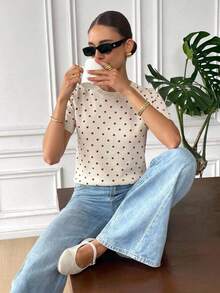 Serisse Atasan Rajut Lengan Pendek Motif Polkadot Wanita - Merah - View 7