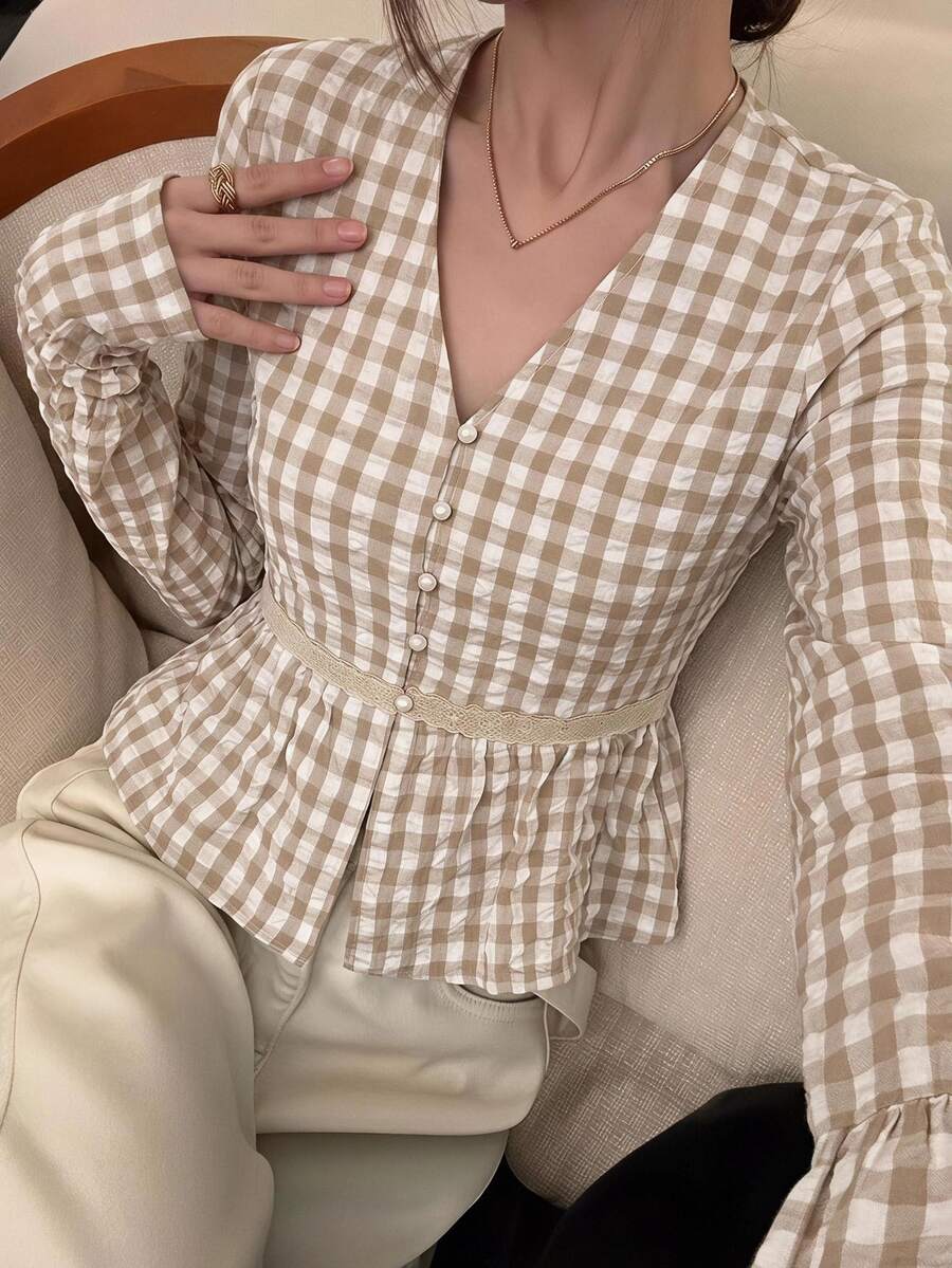 Serisse 女士格子休闲宽松V领长袖衬衫 - 棕色 - 查看 1