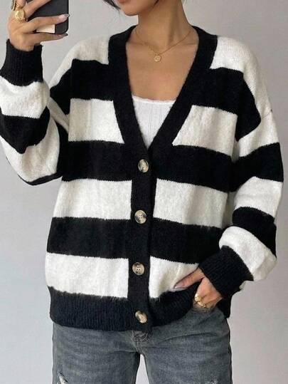 Teen Girl Teen Girls Cardigans Black & White Striped Faux Mink Fur Open Front Button Long Sleeve Sweater