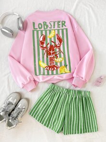 SHEIN Teen Girl Teen Girls Pink & Green Lobster Striped Letter Print Loose Sweatshirt & Shorts Casual 2Pcs Set - Multicolor - View 2