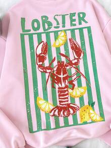 SHEIN Teen Girl Teen Girls Pink & Green Lobster Striped Letter Print Loose Sweatshirt & Shorts Casual 2Pcs Set - Multicolor - View 5