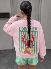 SHEIN Teen Girl Teen Girls Pink & Green Lobster Striped Letter Print Loose Sweatshirt & Shorts Casual 2Pcs Set - Multicolor - View 6