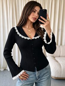 Coastalzia 女士时尚休闲浪漫优雅蕾丝拼布长袖纽扣针织毛衣 - 黑色 - 查看 1