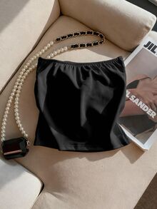 Coastalzia Women's Solid Color Rhinestone Decor Pleated Bandeau Top - Black - View 2