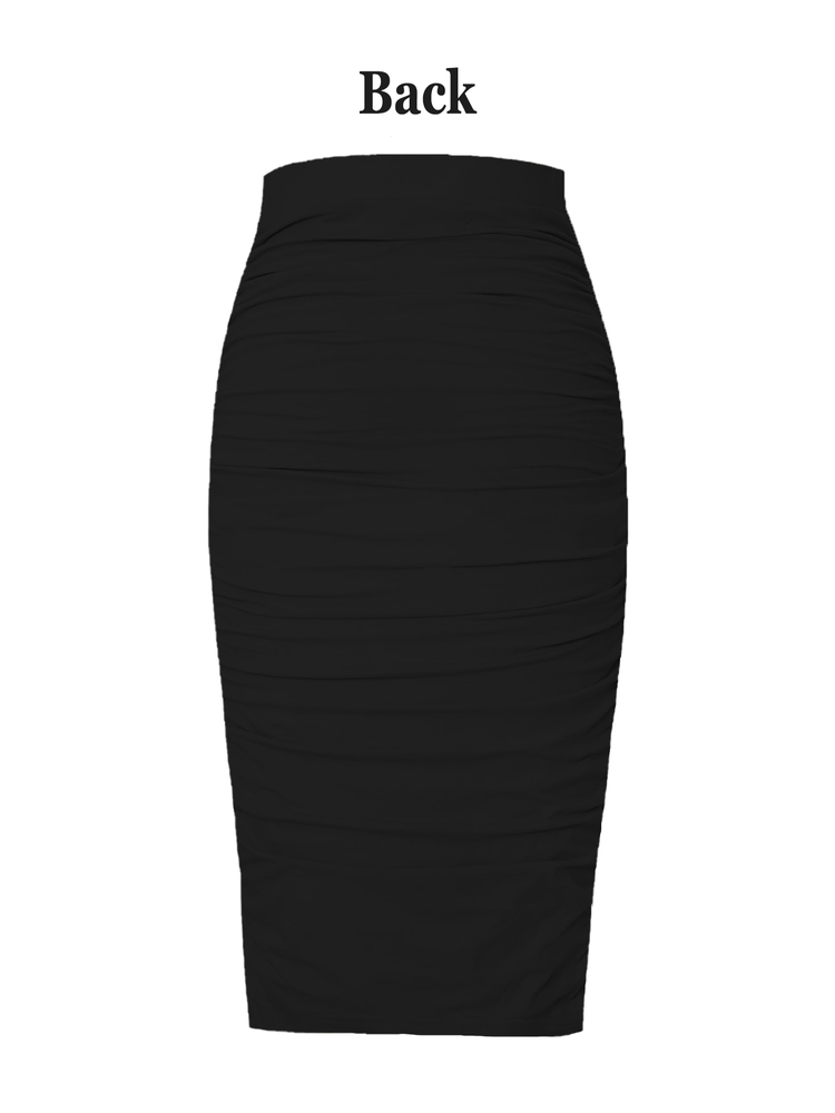 Rok Pensil Midi Poliester Hitam Berkerut untuk Wanita, Model Bodycon Polos - Hitam - View 2