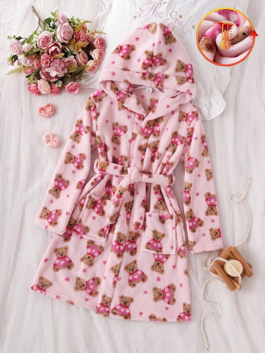 Tween Girls Pajamas, New Autumn/Winter Pink Base Heart & Bear Print Long Sleeve Hooded Robe, Warm & Comfortable Casual Loungewear, Sweet Style, Sister Matching - Pink - View 1