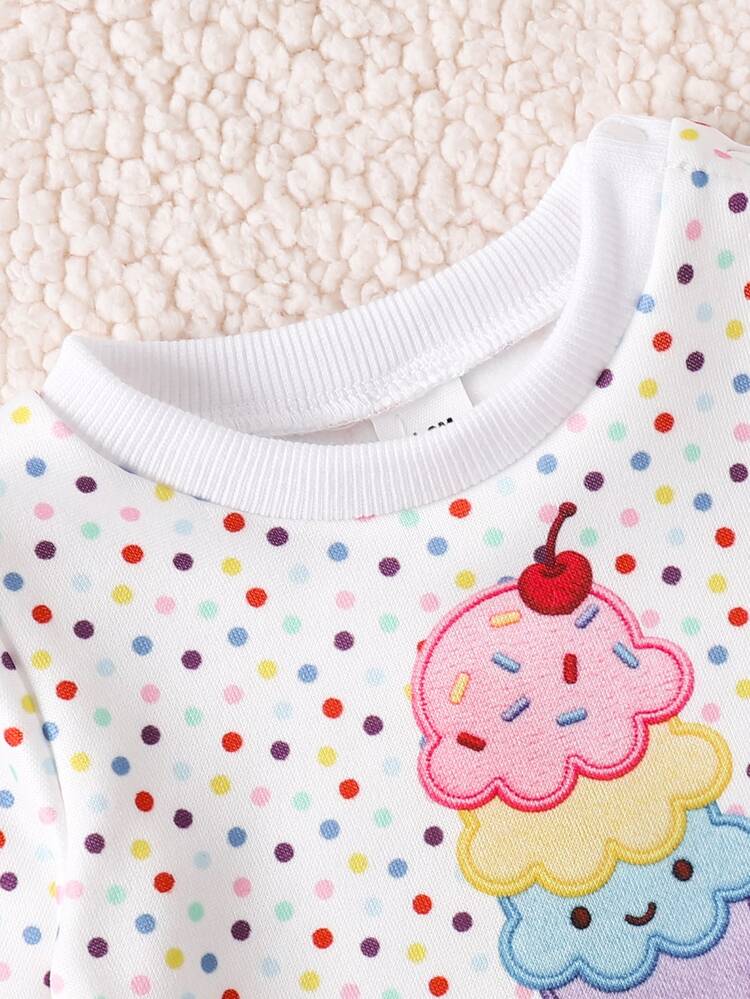 Newborn Baby Girl Set Cute Sweet Colorful Polka Dot Fun Ice Cream Print Crew Neck Long Sleeve Fleece Sweatshirt Set Colorful Polka Dot Ice Cream Print Crew Neck Long Sleeve Fleece Sweatshirt Pants Soft Fabric Suitable For Outings Autumn/Winter - Multicolor - View 7