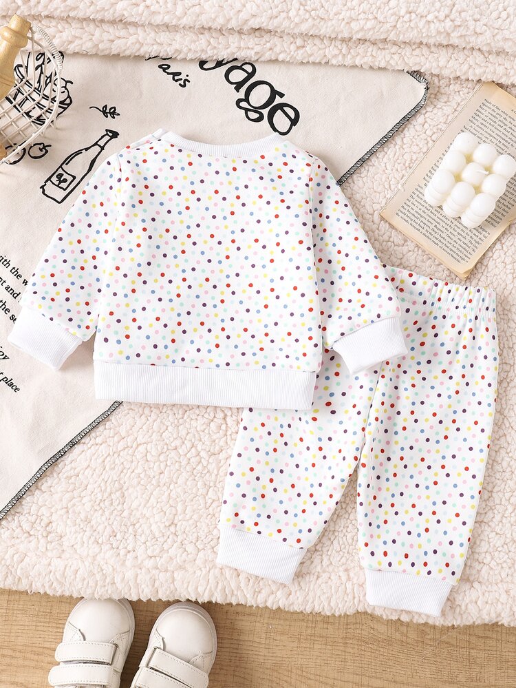 Newborn Baby Girl Set Cute Sweet Colorful Polka Dot Fun Ice Cream Print Crew Neck Long Sleeve Fleece Sweatshirt Set Colorful Polka Dot Ice Cream Print Crew Neck Long Sleeve Fleece Sweatshirt Pants Soft Fabric Suitable For Outings Autumn/Winter - Multicolor - View 2