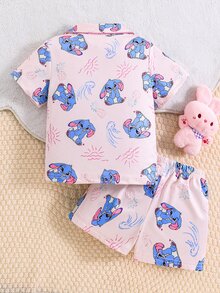 Young Girl Pink Cute Cartoon Blue Rabbit Print Short Sleeve T-Shirt And Shorts 2 Pieces Pajama Set,Family Matching Holiday Comfy Casual Clothes Set - Pink - View 2