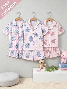 Young Girl Pink Cute Cartoon Blue Rabbit Print Short Sleeve T-Shirt And Shorts 2 Pieces Pajama Set,Family Matching Holiday Comfy Casual Clothes Set - Pink - View 8