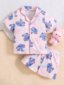 Young Girl Pink Cute Cartoon Blue Rabbit Print Short Sleeve T-Shirt And Shorts 2 Pieces Pajama Set,Family Matching Holiday Comfy Casual Clothes Set - Pink - View 1