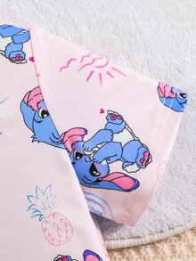 Young Girl Pink Cute Cartoon Blue Rabbit Print Short Sleeve T-Shirt And Shorts 2 Pieces Pajama Set,Family Matching Holiday Comfy Casual Clothes Set - Pink - View 5