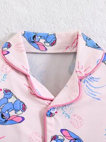 Young Girl Pink Cute Cartoon Blue Rabbit Print Short Sleeve T-Shirt And Shorts 2 Pieces Pajama Set,Family Matching Holiday Comfy Casual Clothes Set - Pink - View 3