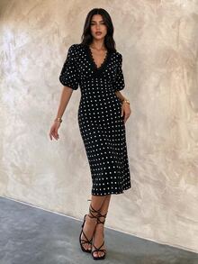 Coastalzia Women's Polka Dot Print Contrast Lace Puff Sleeve Elegant Dress - Black - View 1