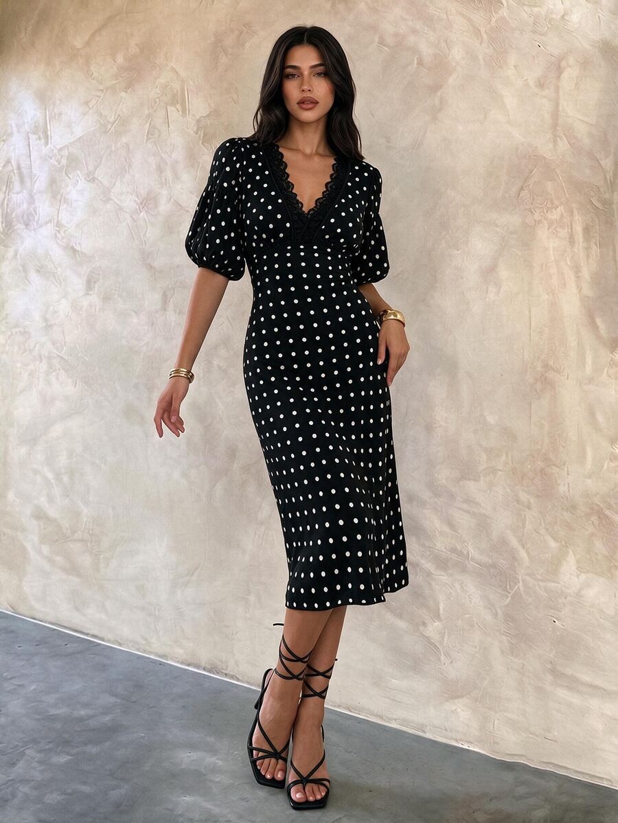Coastalzia Women's Polka Dot Print Contrast Lace Puff Sleeve Elegant Dress - Black - View 1