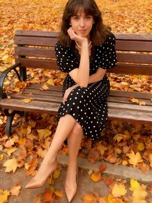 Coastalzia Women's Polka Dot Print Contrast Lace Puff Sleeve Elegant Dress - Black - View 7