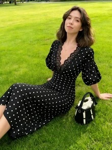 Coastalzia Women's Polka Dot Print Contrast Lace Puff Sleeve Elegant Dress - Black - View 6