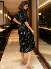 Coastalzia Women's Polka Dot Print Contrast Lace Puff Sleeve Elegant Dress - Black - View 9