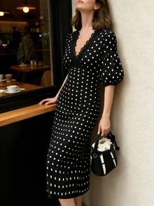 Coastalzia Women's Polka Dot Print Contrast Lace Puff Sleeve Elegant Dress - Black - View 3