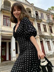 Coastalzia Women's Polka Dot Print Contrast Lace Puff Sleeve Elegant Dress - Black - View 4