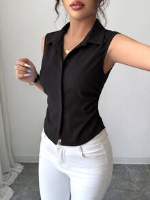 Selianne 女款大尺碼夏季 1 件裝翻領無袖收腰不對稱下擺顯瘦通勤優雅牛仔風無袖襯衫 - 黑色 - 查看 4