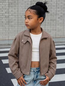 SHEIN 青少年女孩格紋印花兒童拉鍊連帽秋季外套 - 棕色 - 查看 10