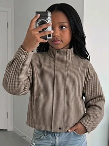 SHEIN 青少年女孩格紋印花兒童拉鍊連帽秋季外套 - 棕色 - 查看 8