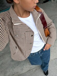 SHEIN 青少年女孩格紋印花兒童拉鍊連帽秋季外套 - 棕色 - 查看 9