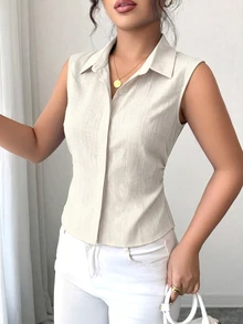 Elenzga 女款大尺碼夏季 1 件裝 翻領無袖收腰不對稱下擺顯瘦通勤優雅丹寧風無袖襯衫 - 淡黃色 - 查看 5