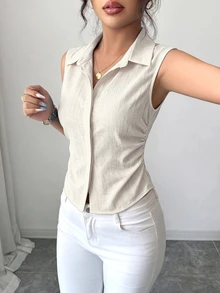 Elenzga 女款大尺碼夏季 1 件裝 翻領無袖收腰不對稱下擺顯瘦通勤優雅丹寧風無袖襯衫 - 淡黃色 - 查看 4