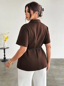Firerie 大尺碼女款純色翻領短袖單排扣休閒西裝外套，適合商務辦公專業穿著，秋冬款 - 咖啡棕 - 查看 3