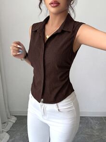 Elenzga 女款大尺碼夏季 1 件裝領口無袖收腰不對稱下擺顯瘦通勤優雅仿牛仔無袖襯衫 - 棕色 - 查看 4