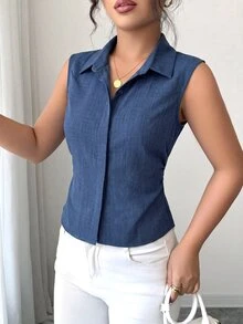 Elenzga 1 chiếc áo kiểu nữ cỡ lớn mùa hè, cổ ve lật, không tay, ôm sát, vạt áo bất đối xứng, kiểu dáng thường ngày. - Màu xanh hải quân - Xem 5