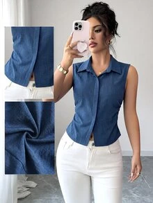 Elenzga 1 chiếc áo kiểu nữ cỡ lớn mùa hè, cổ ve lật, không tay, ôm sát, vạt áo bất đối xứng, kiểu dáng thường ngày. - Màu xanh hải quân - Xem 1