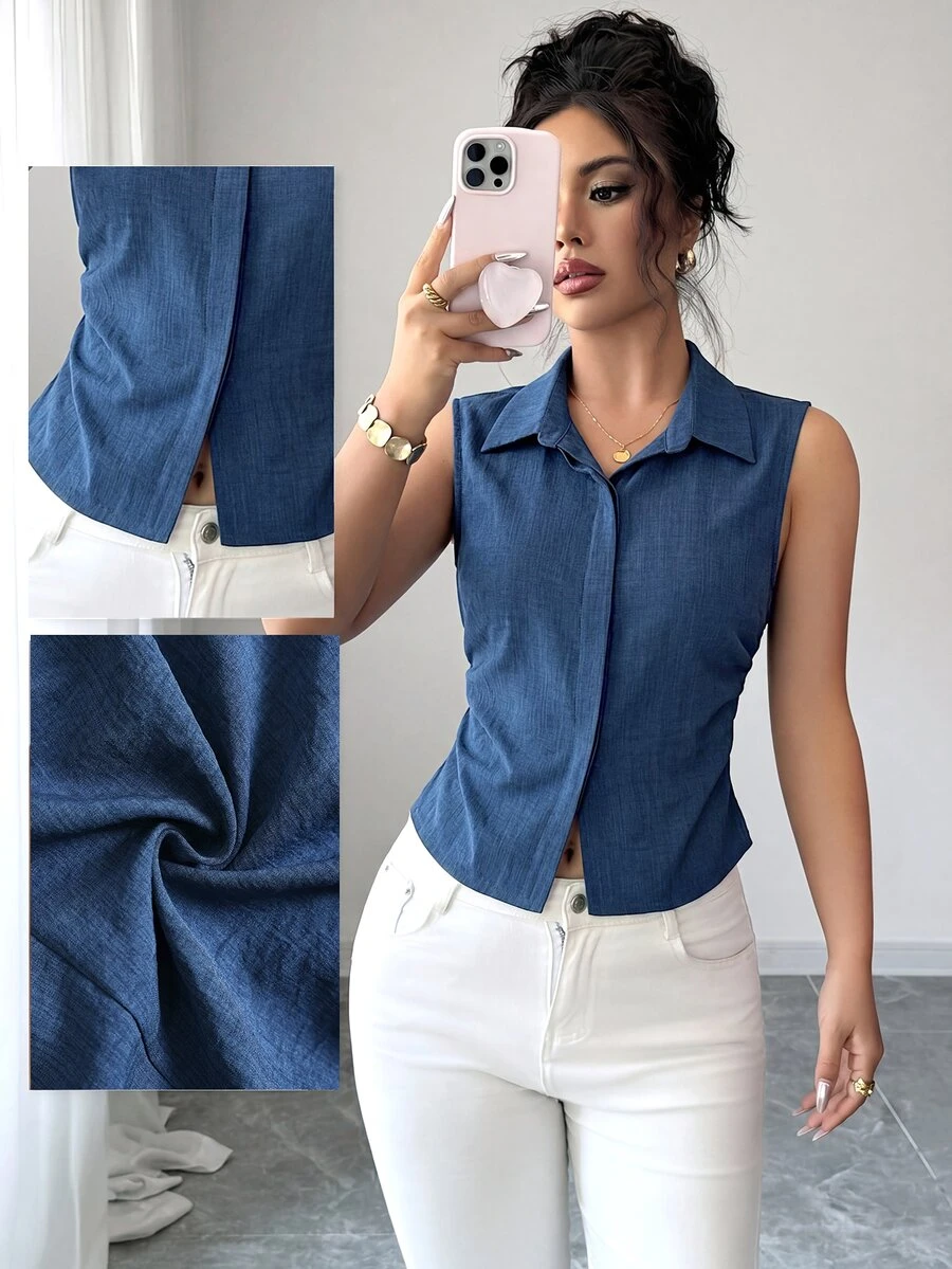 Elenzga 1 chiếc áo kiểu nữ cỡ lớn mùa hè, cổ ve lật, không tay, ôm sát, vạt áo bất đối xứng, kiểu dáng thường ngày. - Màu xanh hải quân - Xem 1