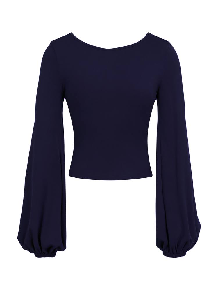 Coastalzia Women's Navy Blue Solid Color Sexy Fitted Square Neck Lantern Sleeve Top - Navy Blue - View 2