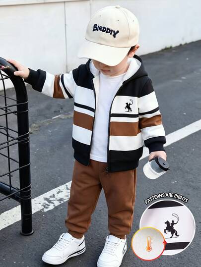 Jaket Sweatshirt Lengan Panjang Berkerudung dengan Resleting, Motif Kuda Garis Lebar Minimalis Modis untuk Anak Laki-Laki, Berbahan Fleece, Cocok untuk Pakaian Luar di Musim Gugur/Musim Dingin