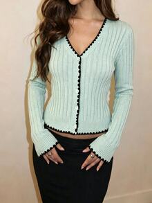 SHEIN Unity Cardigan Tipis Wanita Lengan Panjang Berpotongan Tunggal dengan Hiasan Kuncup Bunga - MultiWarna - View 9