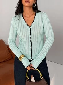 SHEIN Unity Cardigan Tipis Wanita Lengan Panjang Berpotongan Tunggal dengan Hiasan Kuncup Bunga - MultiWarna - View 4