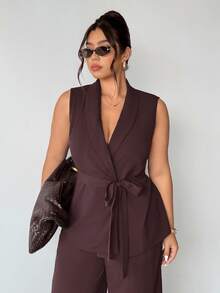 Firerie 大码女式纯色披肩领系带无袖西装外套和裤子休闲通勤两件套棕色连体裤女式大码正式连体裤棕色两件套女式两件套女士优雅孕妇装两件套女士秋冬装 - 棕色 - 查看 5