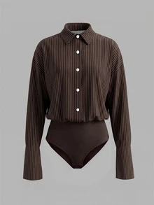 Coastalzia Women's Casual Everyday Office Commute Versatile Brown Striped Bodysuit Autumn - Chocolate Brown - View 3
