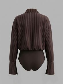 Coastalzia Women's Casual Everyday Office Commute Versatile Brown Striped Bodysuit Autumn - Chocolate Brown - View 2