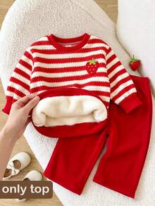 SHEIN 女嬰幼兒套頭運動衫 可愛紅色紅白草莓刺繡長袖加厚居家款 秋冬聖誕毛茸茸休閒款 - 紅白色 - 查看 1