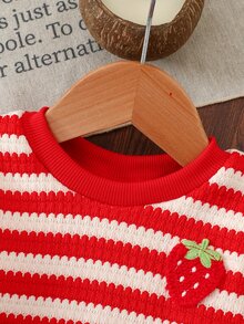SHEIN 女嬰幼兒女款套頭運動衫，可愛甜美紅白條紋草莓刺繡長袖加厚毛絨，適合生日派對、冬季聖誕 - 紅白色 - 查看 8