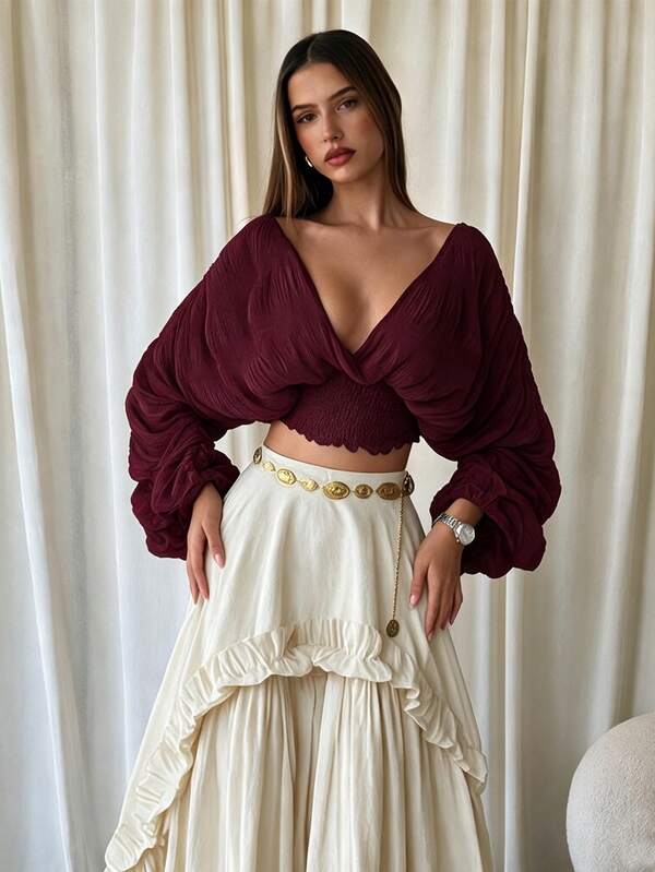 Coastalzia Casual V Neck Crop Burgundy Top For Women With Shirred Details And Extra Long Flare Sleeves