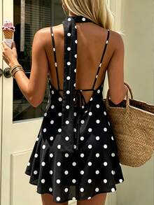 Coastalzia Polka Dot Deep V-Neck Backless Chiffon Spaghetti Strap Mini Dress - Black - View 2