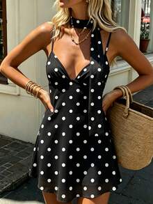 Coastalzia Polka Dot Deep V-Neck Backless Chiffon Spaghetti Strap Mini Dress - Black - View 5